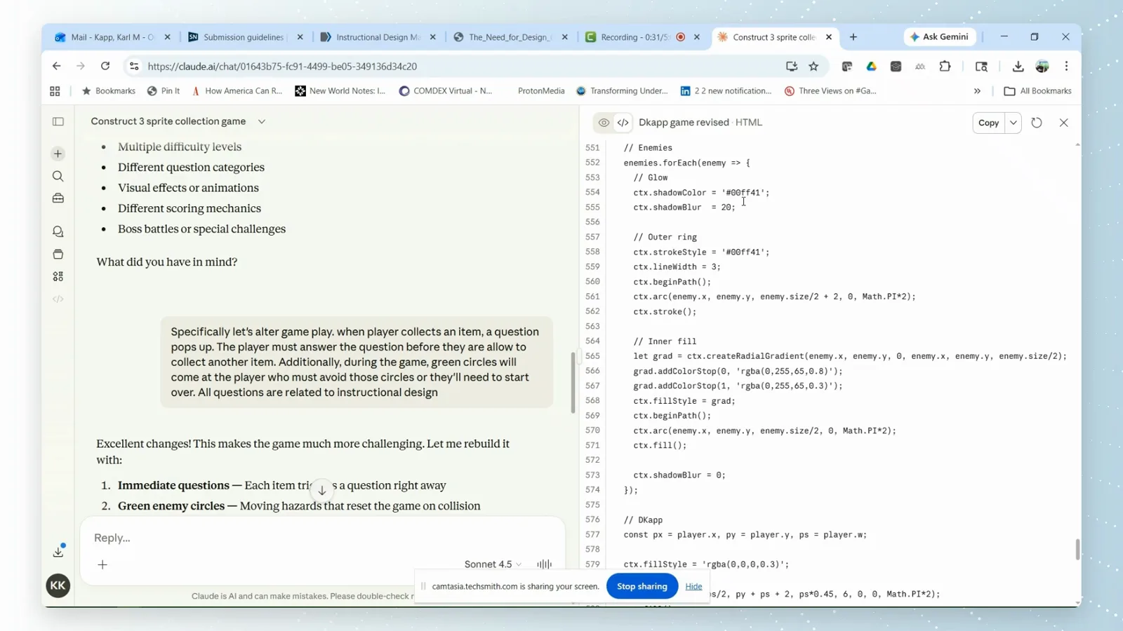 Full HTML source of a Claude artifact with DOCTYPE, script tags, and the game loop visible in the claude.ai code panel before copying