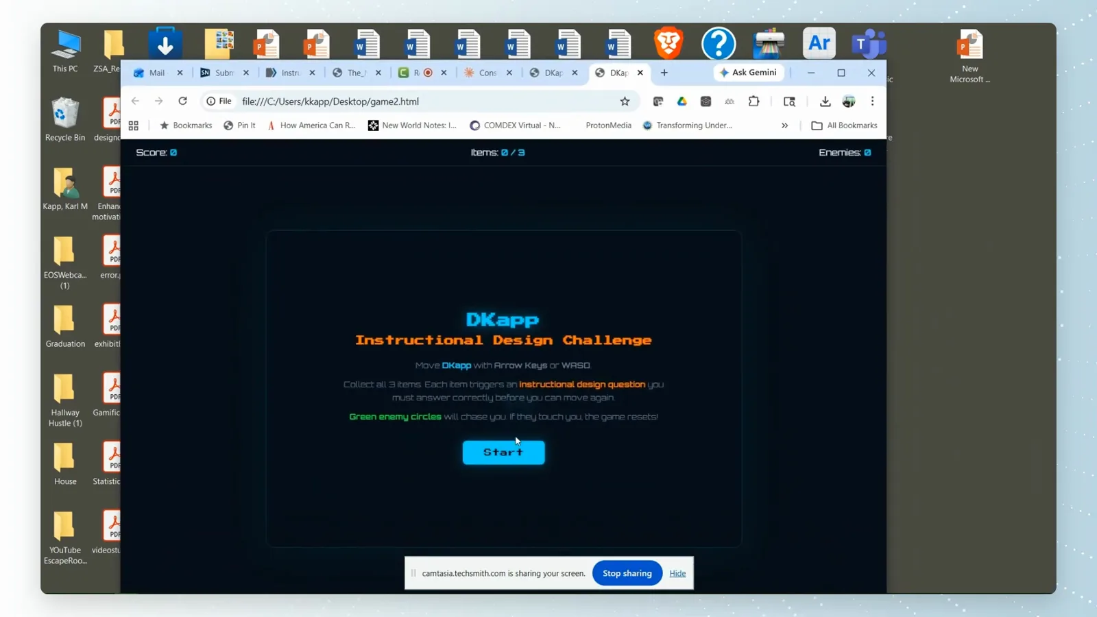 Chrome address bar pointing at file:///C:/Users/kkapp/Desktop/game2.html while the exported Claude artifact game shows its Start screen with Score, Items, and Enemies HUD