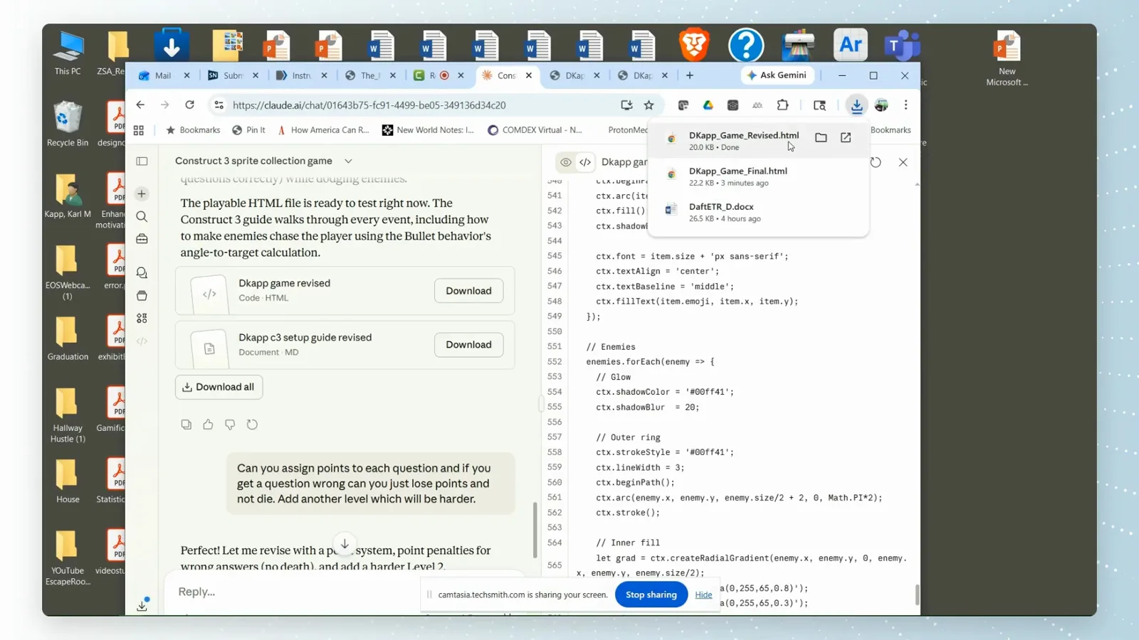Chrome downloads hover card listing the exported DKapp_Game_Revised.html at 20 KB next to the Claude artifact chat