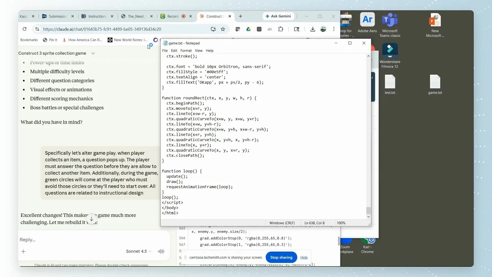 game.txt Notepad file filled with the pasted Claude artifact code showing roundRect and loop functions from the canvas game
