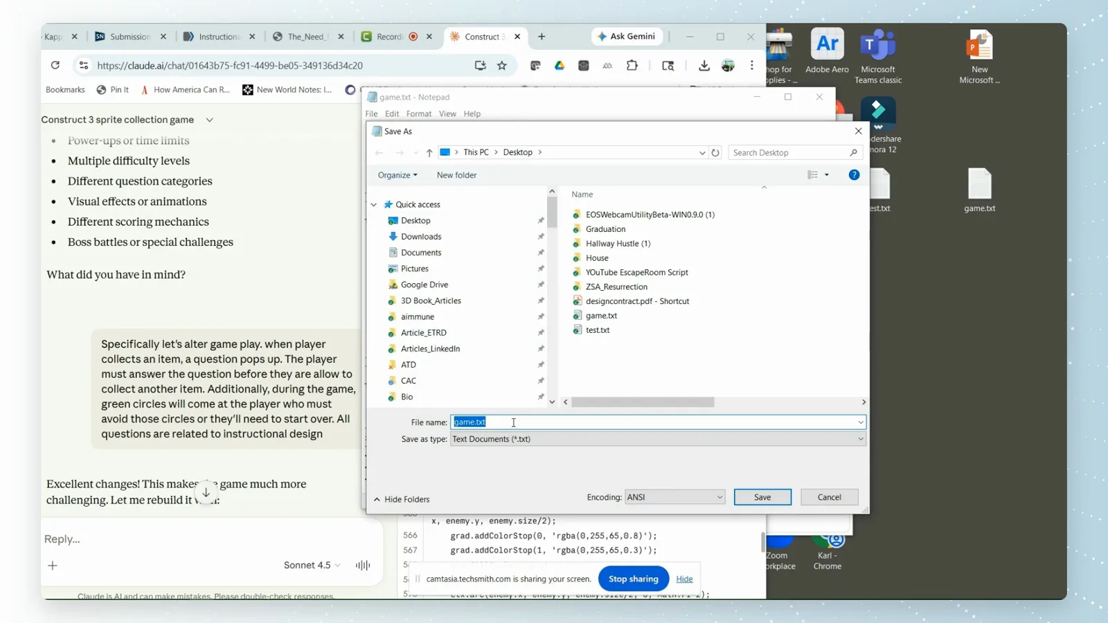 Notepad Save As dialog on the Desktop with the file name game and Save as type Text Documents before switching the extension to .html