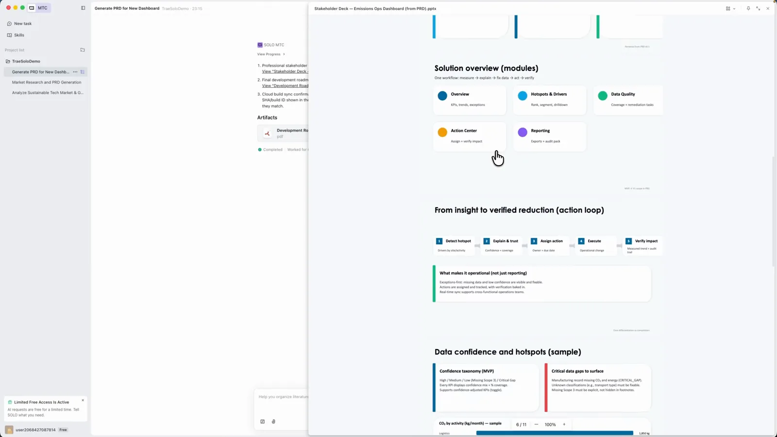 Trae SOLO analysis document listing solution overview modules, the insight-to-verified-reduction action loop and a data confidence and hotspots table Trae SOLO analysis document listing solution overview modules, the insight-to-verified-reduction action loop and a data confidence and hotspots table