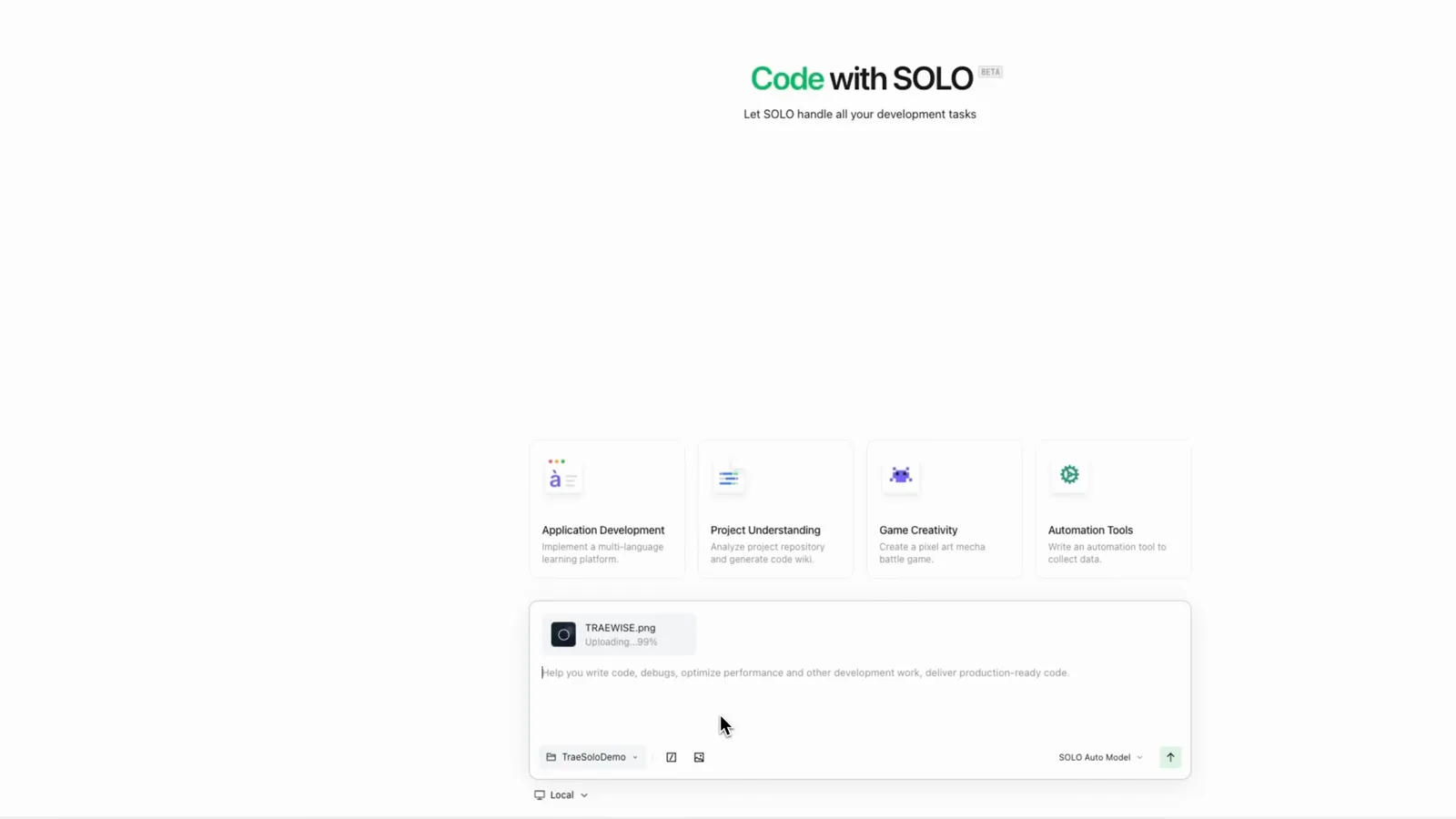 Code with SOLO start screen in Trae with a TRAEWISE png brand book attached and task type cards for Application Development, Project Understanding, Game Creativity and Automation Tools Code with SOLO start screen in Trae with a TRAEWISE png brand book attached and task type cards for Application Development, Project Understanding, Game Creativity and Automation Tools
