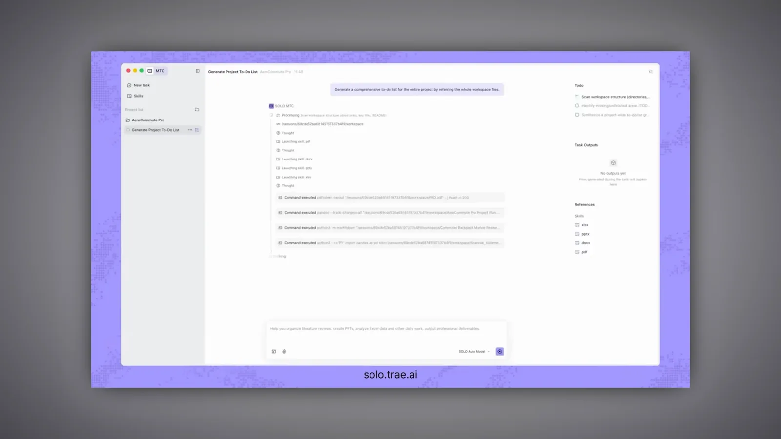 Trae SOLO Generate PRD from To-Do List task running in the purple workspace while the task sidebar tracks every checklist row it created from your brief Trae SOLO Generate PRD from To-Do List task running in the purple workspace while the task sidebar tracks every checklist row it created from your brief