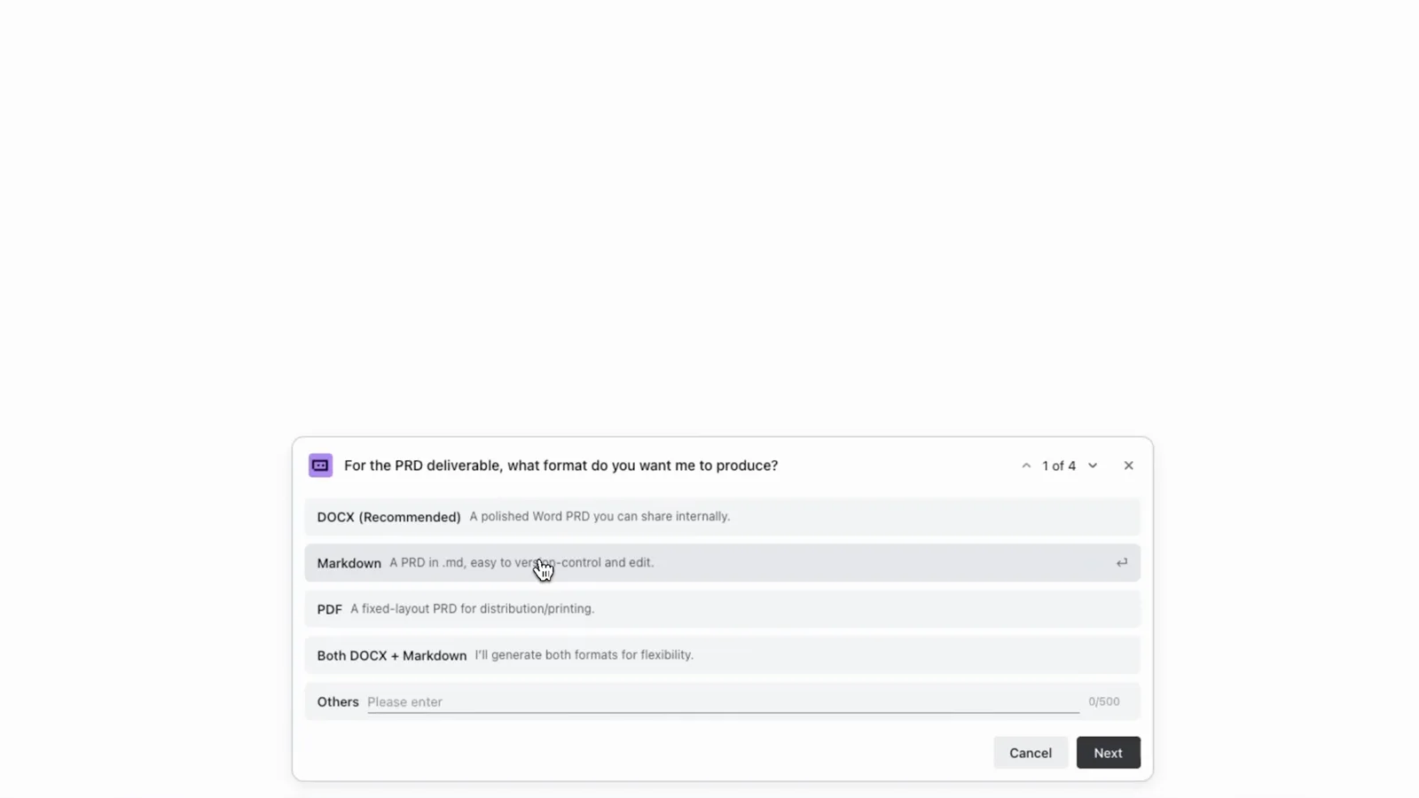 Trae SOLO PRD questionnaire asking which deliverable format to produce with DOCX recommended alongside Markdown, PDF and a combined DOCX plus Markdown option Trae SOLO PRD questionnaire asking which deliverable format to produce with DOCX recommended alongside Markdown, PDF and a combined DOCX plus Markdown option