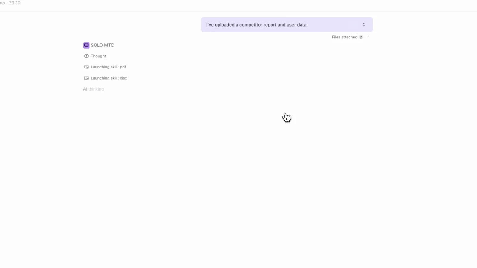 Trae SOLO MTC activity feed showing Thought, Launching skill pdf and Launching skill data steps after the message that a competitor report and user data were uploaded Trae SOLO MTC activity feed showing Thought, Launching skill pdf and Launching skill data steps after the message that a competitor report and user data were uploaded