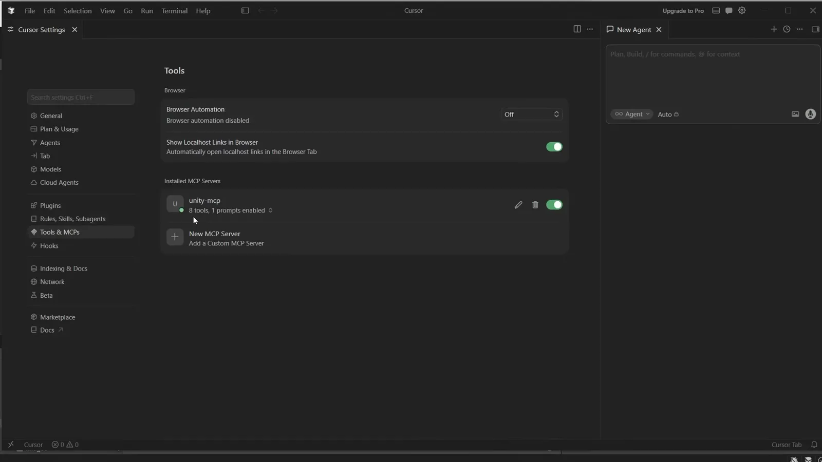 Cursor Settings Tools and MCPs page showing the registered unity-mcp server with 8 tools and 1 prompt enabled after clicking Configure in Unity