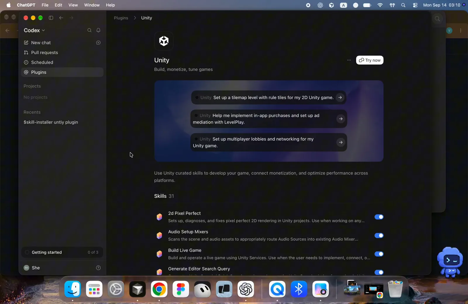 Codex desktop app Plugins page showing Unity's official plugin with its Try now button, three suggested Unity prompts and the Skills 31 list below