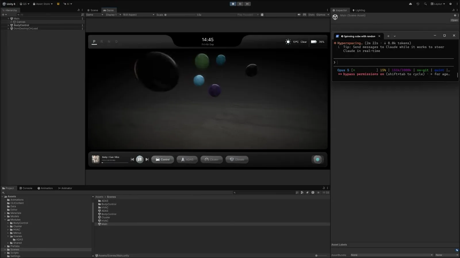 Unity 6 editor playing an agent-built scene with floating spheres and a music player while a Claude Code session runs docked in the Inspector panel