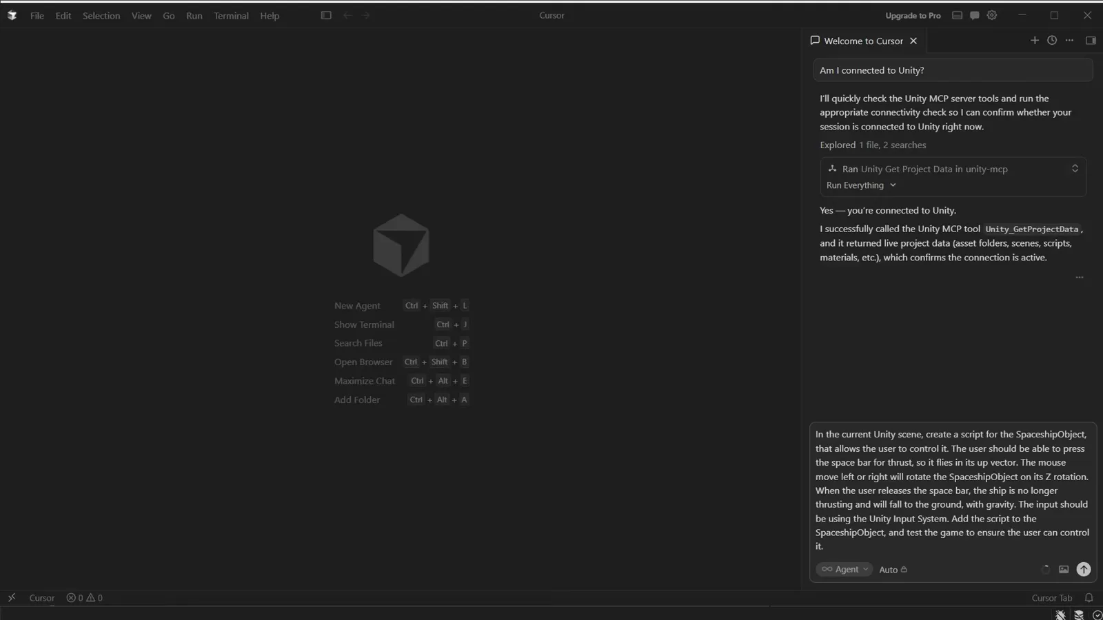 Cursor agent answering Yes you are connected to Unity after running the Unity_GetProjectData tool against the live project