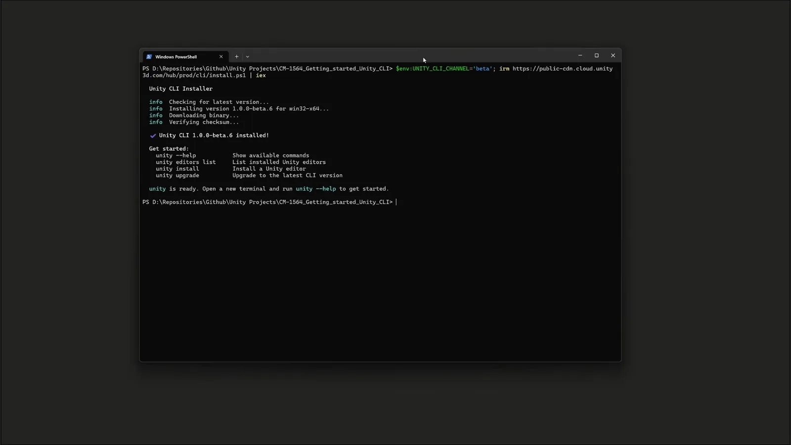 Windows PowerShell running the Unity CLI installer that prints Unity CLI 1.0.0-beta.6 installed with the unity --help, unity editors list and unity install getting-started commands