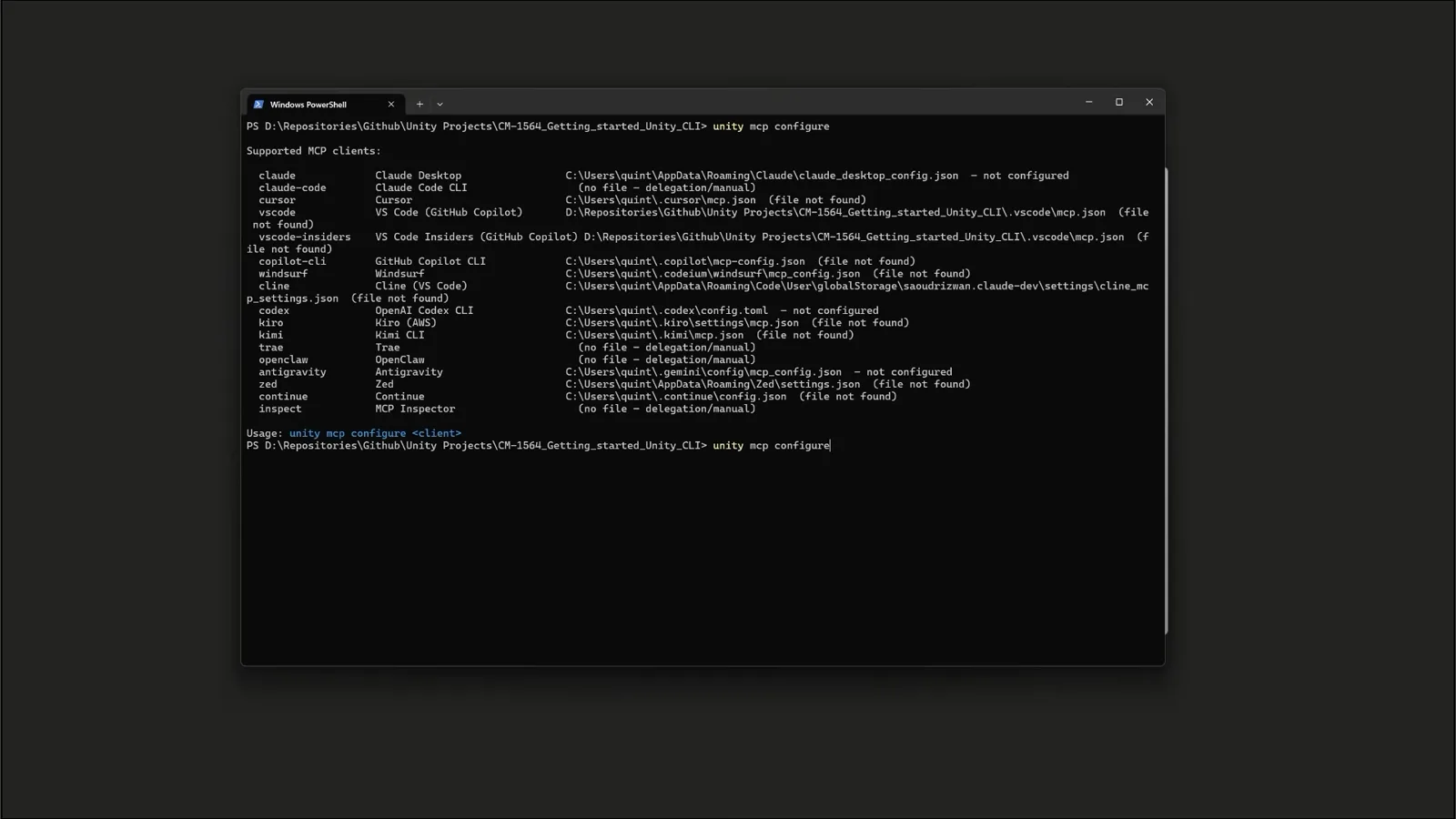 PowerShell running unity mcp configure listing supported MCP clients including Codex, Claude Code, Cursor, Windsurf, Kiro and Zed
