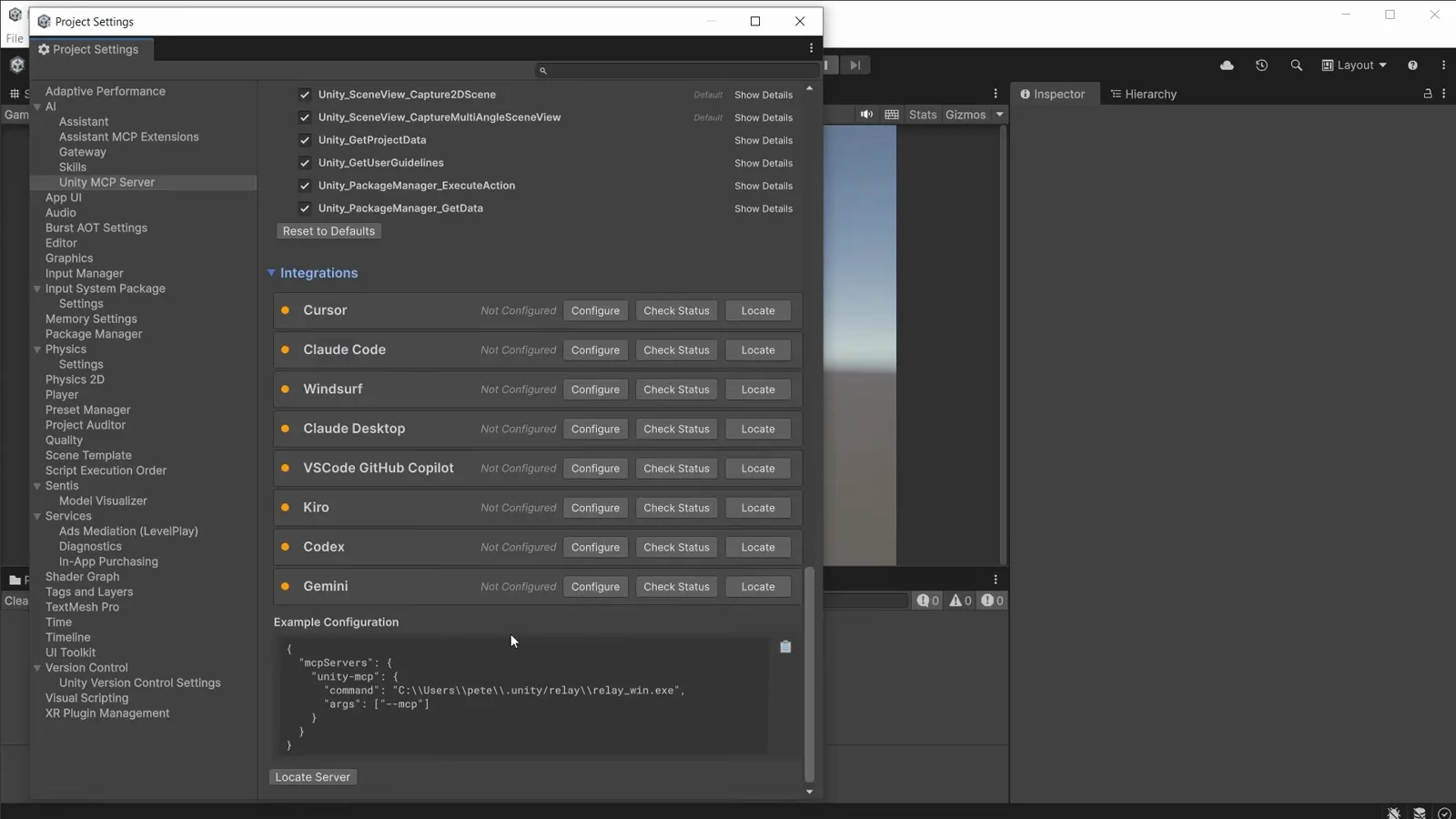Unity MCP Server Integrations list with Configure buttons for Cursor, Claude Code, Windsurf, Claude Desktop, VSCode GitHub Copilot, Kiro, Codex and Gemini above an mcpServers example