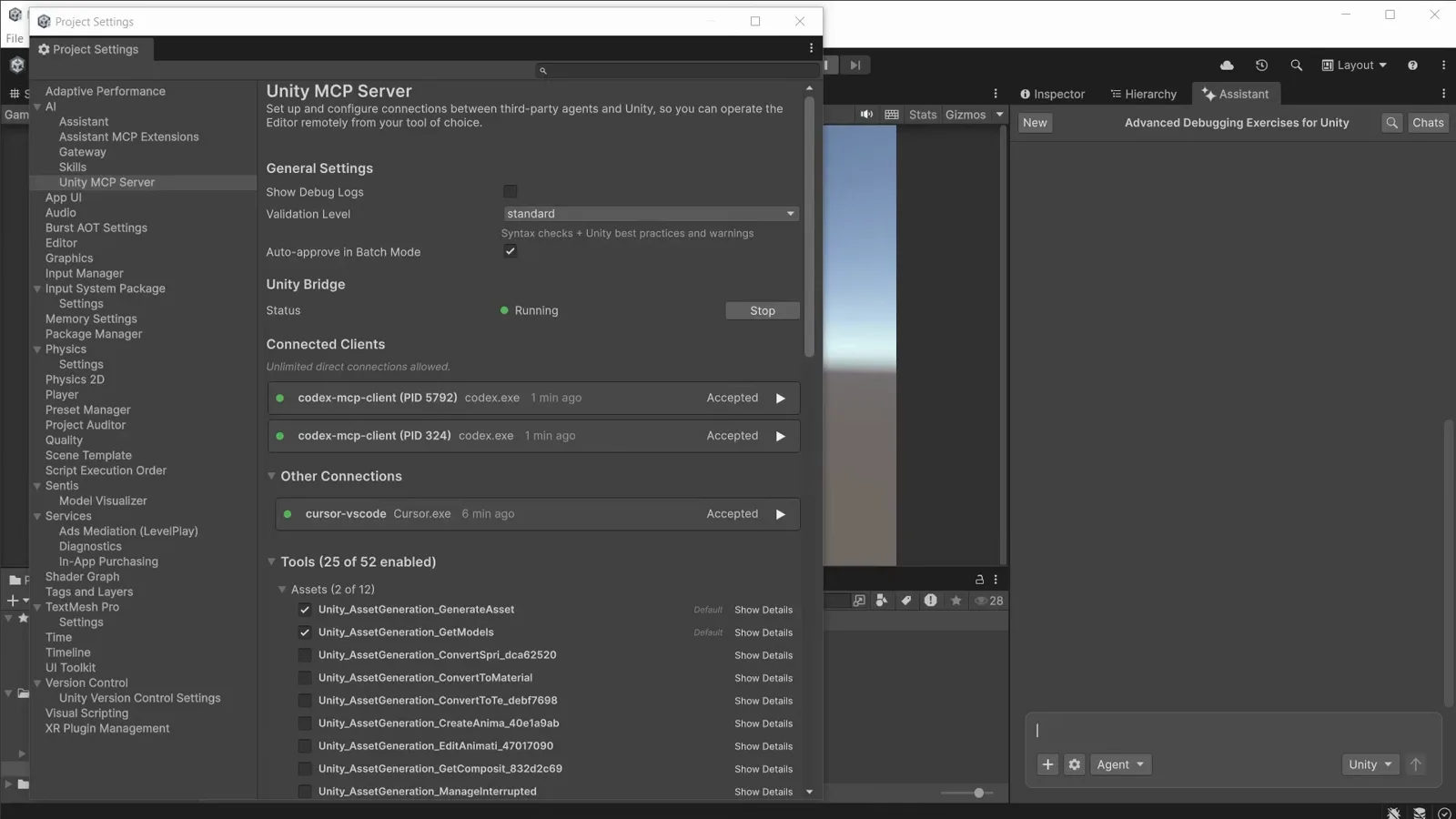 Unity 6 Project Settings AI section with the Unity MCP Server bridge running and two codex-mcp-client connections accepted under Connected Clients