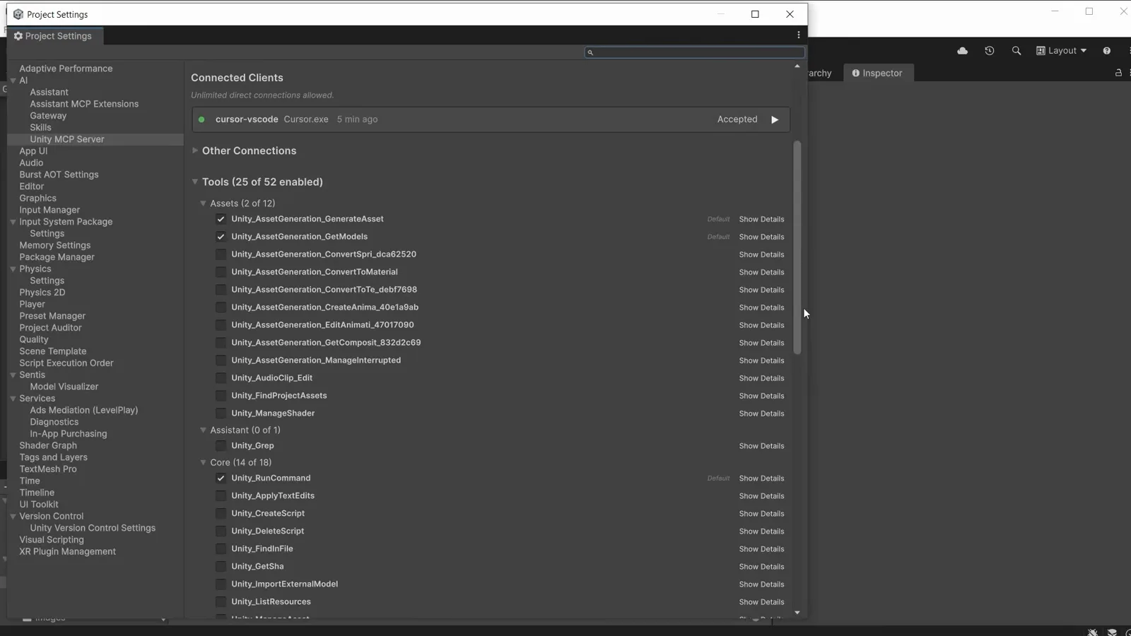 Unity MCP Server tool surface showing 25 of 52 tools enabled with Unity AssetGeneration, Assistant and Core checkboxes and Show Details links