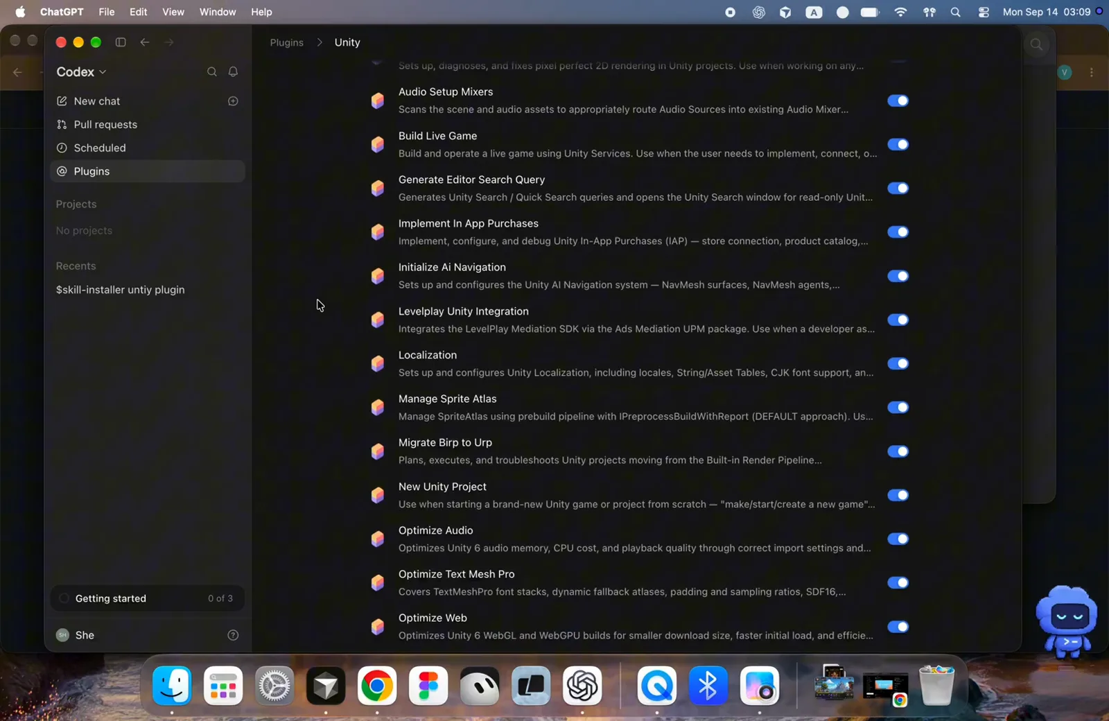 Unity plugin skill list in Codex with blue toggles enabled for Audio Setup Mixers, Build Live Game, Generate Editor Search Query and Implement In App Purchases