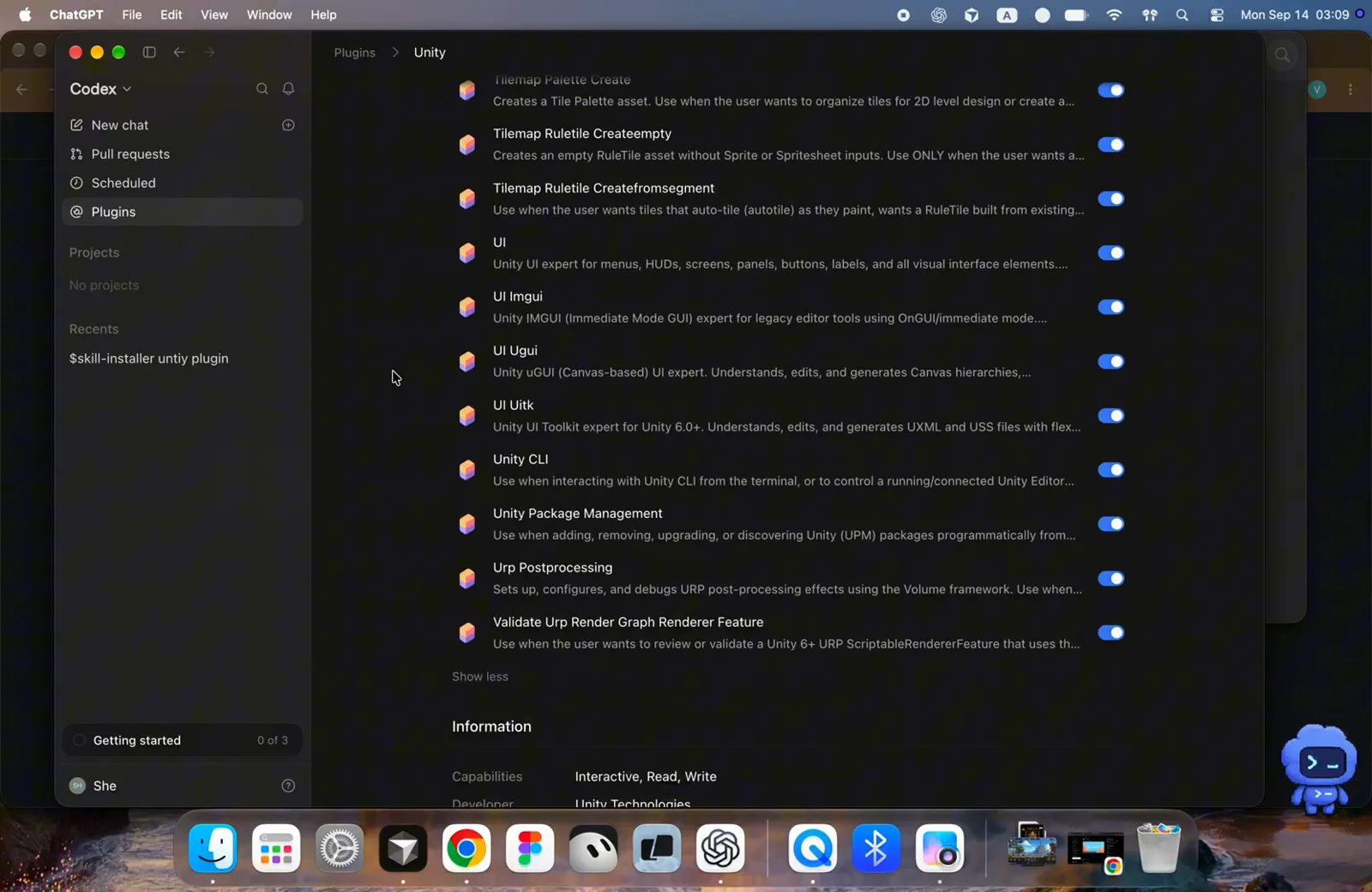 Unity plugin skills scrolled to Unity CLI, Unity Package Management and Validate URP Render Graph Renderer Feature above the Information section crediting Developer Unity Technologies