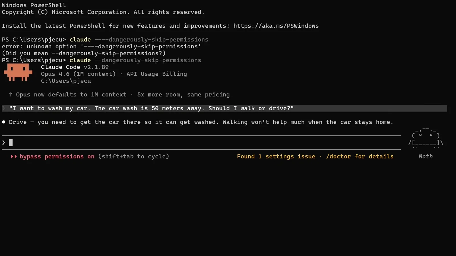 Claude Code answering a car wash logic question through DeepSeek with a doctor settings reminder visible in the session footer