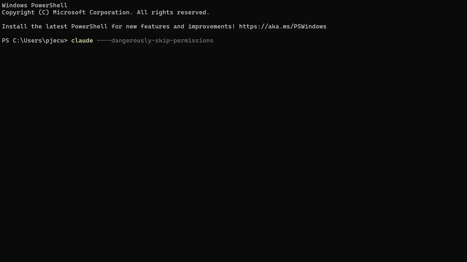 PowerShell launching Claude Code with claude --dangerously-skip-permissions for an uninterrupted DeepSeek-powered demo session