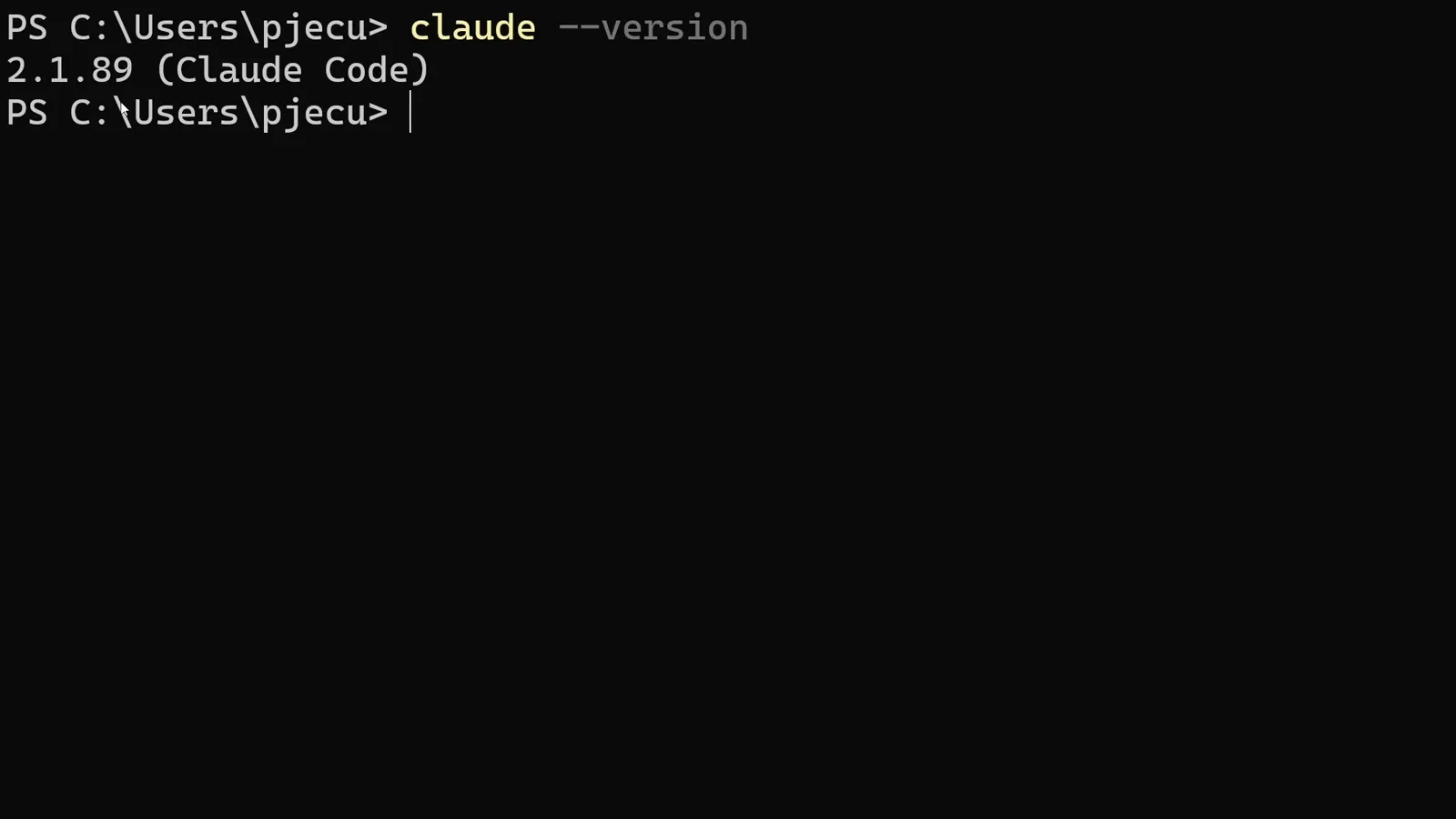 PowerShell printing Claude Code version 2.1.89 after the npm install, confirming the CLI is ready before pointing it at DeepSeek