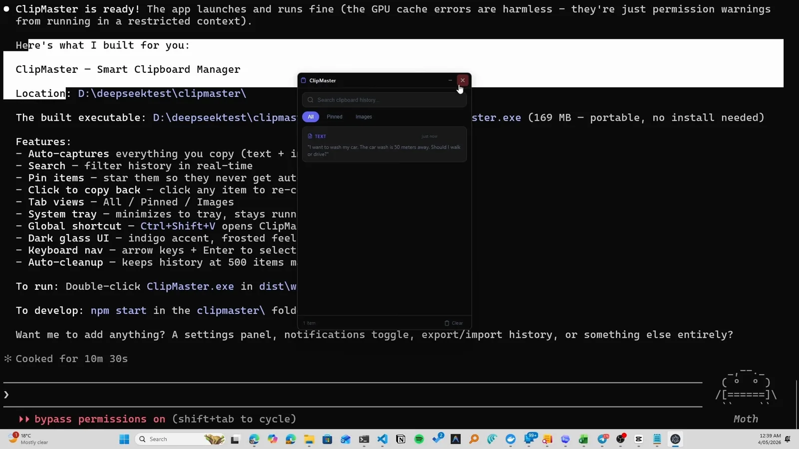 ClipMaster window capturing copied items in real time during the Claude Code DeepSeek session to prove the generated app works