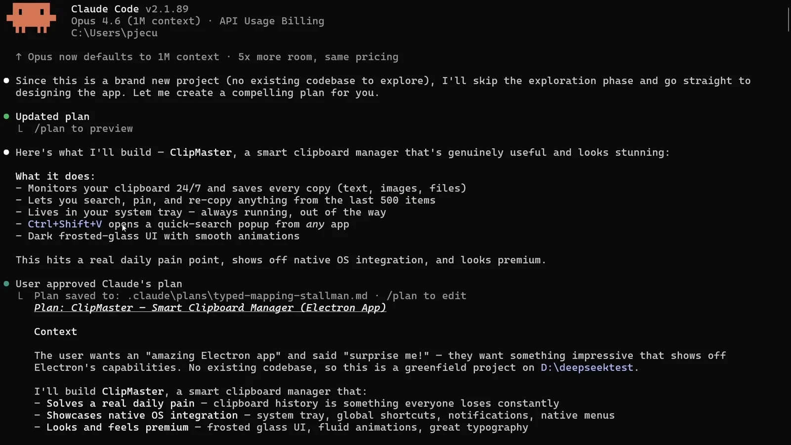 Claude Code updating its plan to build ClipMaster, a smart clipboard manager Electron app, while running on deepseek-v4-pro