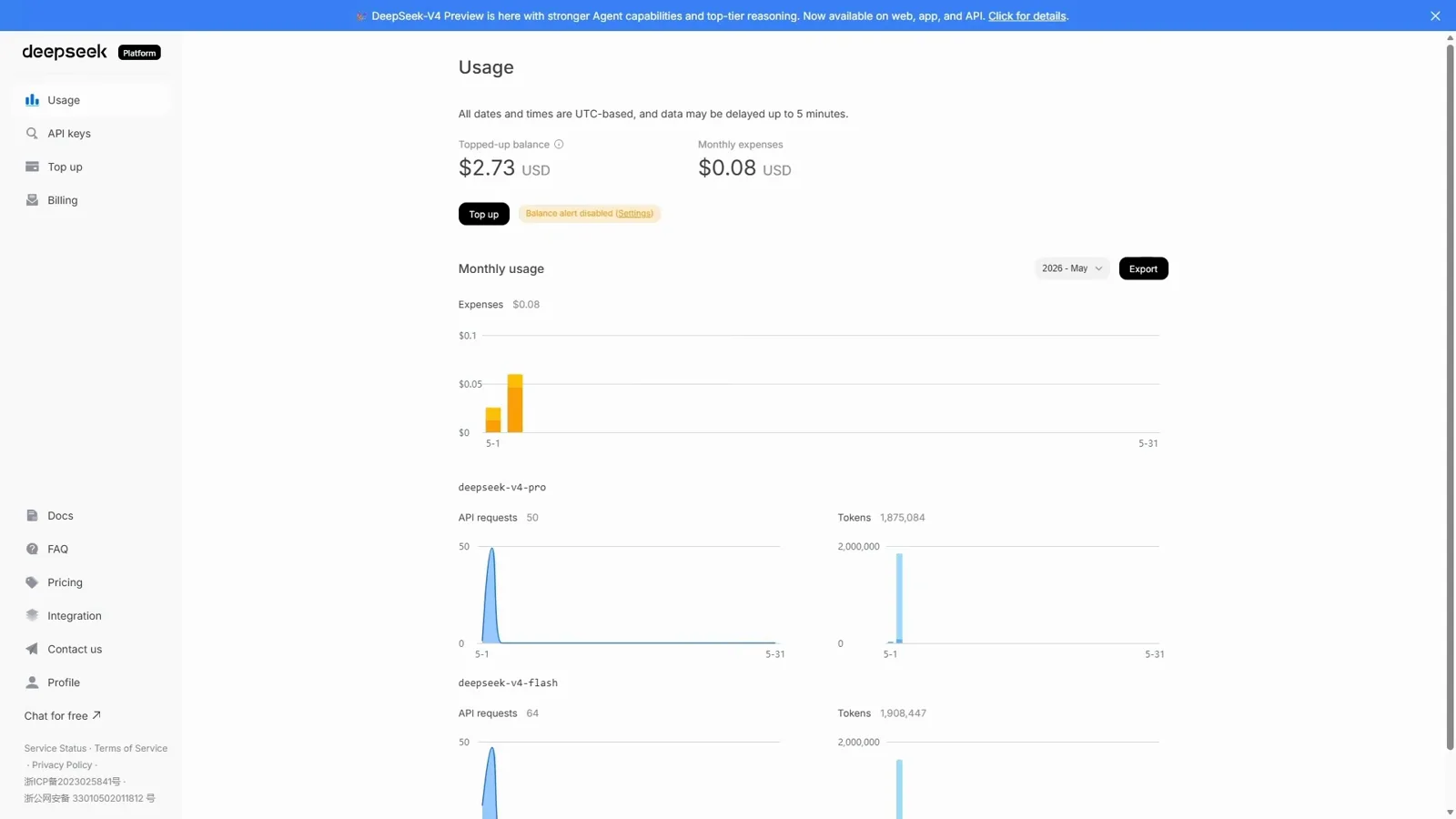 DeepSeek platform console with the Usage overview showing balance and spend charts plus the API keys entry in the left navigation