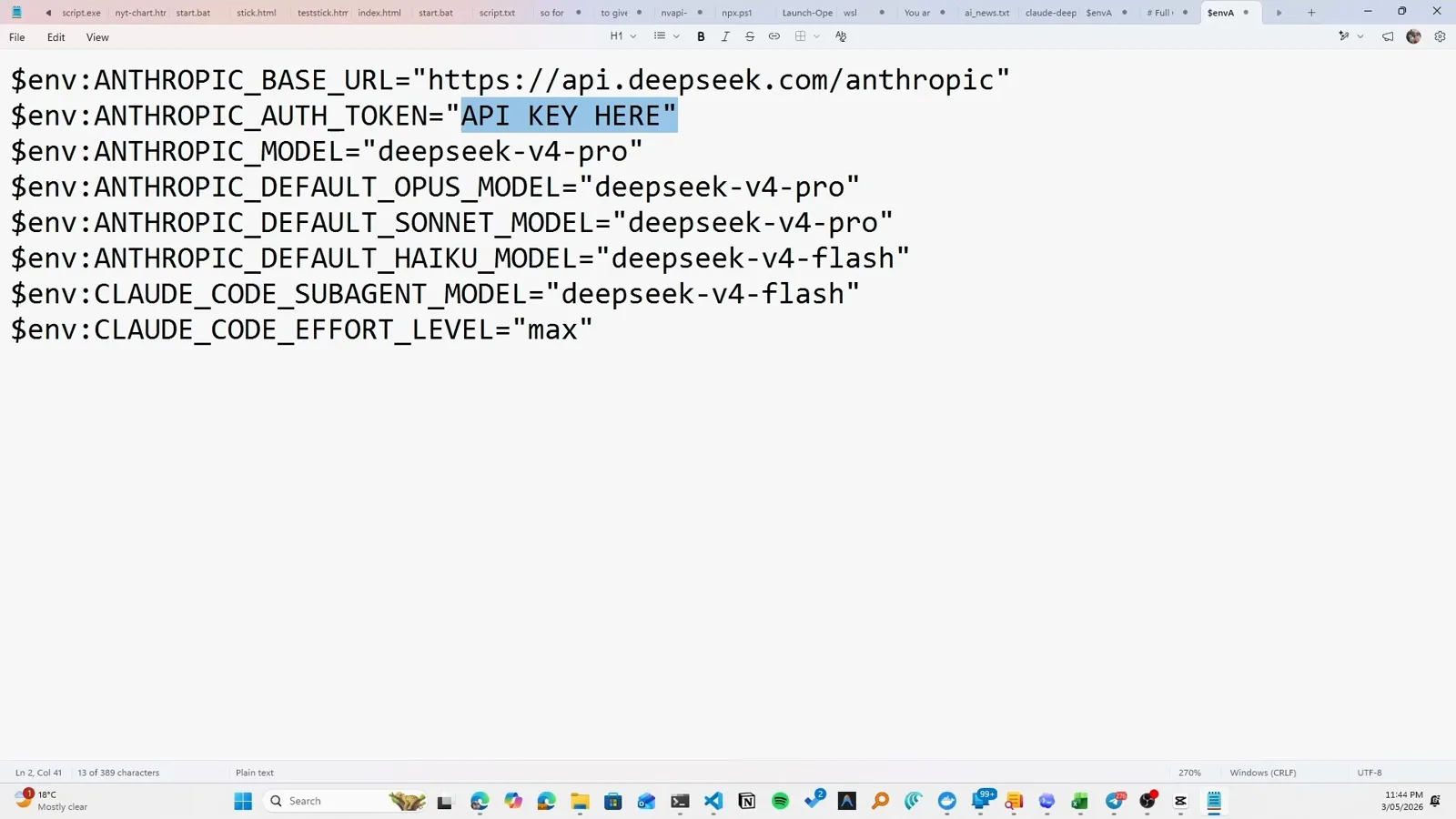 Notepad listing the PowerShell environment block that points Claude Code at the DeepSeek Anthropic endpoint with ANTHROPIC_BASE_URL, ANTHROPIC_AUTH_TOKEN and per-model mappings