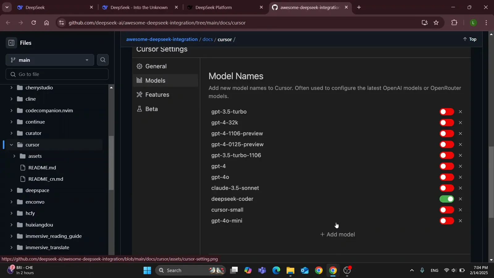 Cursor Model Names settings at the finished state of the tutorial with the cursor resting on the enabled deepseek-coder row while gpt-4o-mini and cursor-small stay switched off