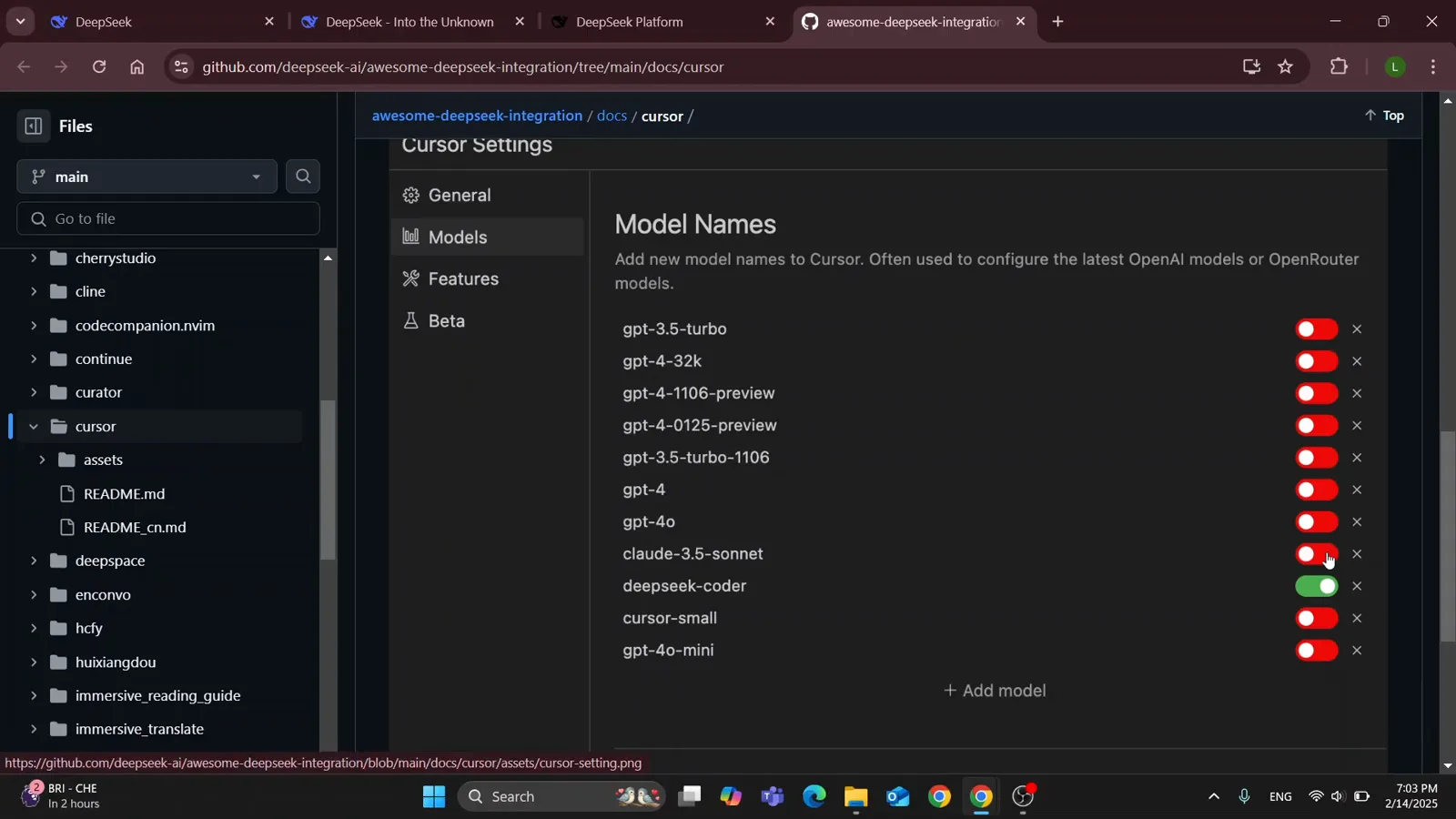 Cursor Model Names list with every model toggled off except deepseek-coder highlighted green, including gpt-4, claude-3.5-sonnet and cursor-small rows