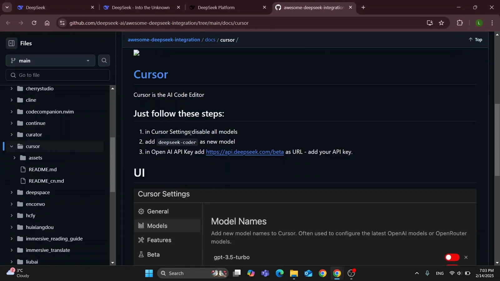 Cursor Settings Models panel in the DeepSeek integration screenshot with the Model Names list and the gpt-3.5-turbo toggle switched to red