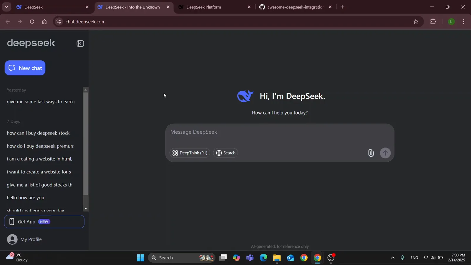 DeepSeek chat at chat.deepseek.com greeting a signed-in user with Hi, I'm DeepSeek above a Message DeepSeek input with DeepThink R1 and Search chips