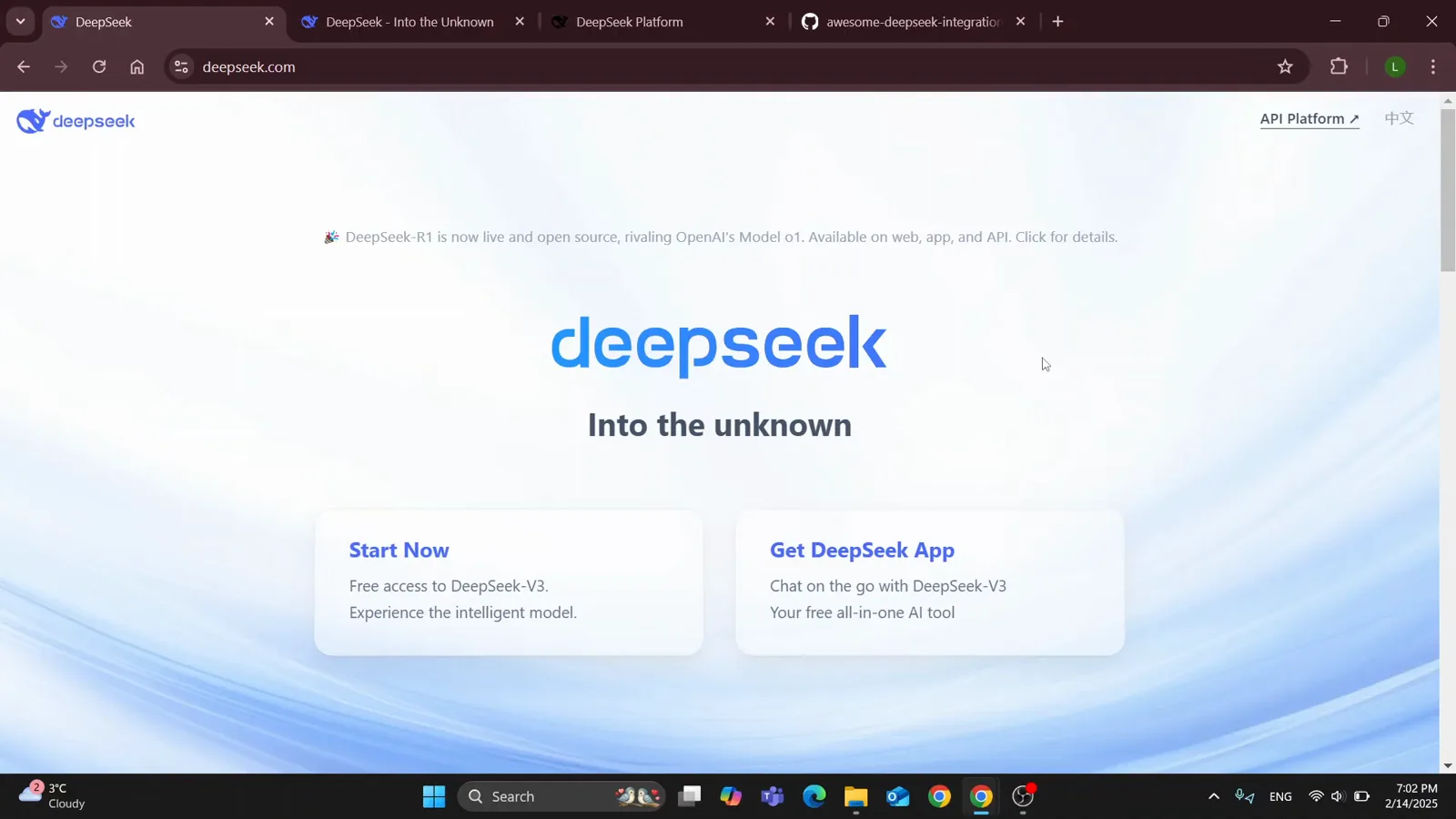 DeepSeek homepage with the deepseek logo, the Into the unknown tagline and a Start Now card offering free access to DeepSeek V3 beside a Get DeepSeek App card