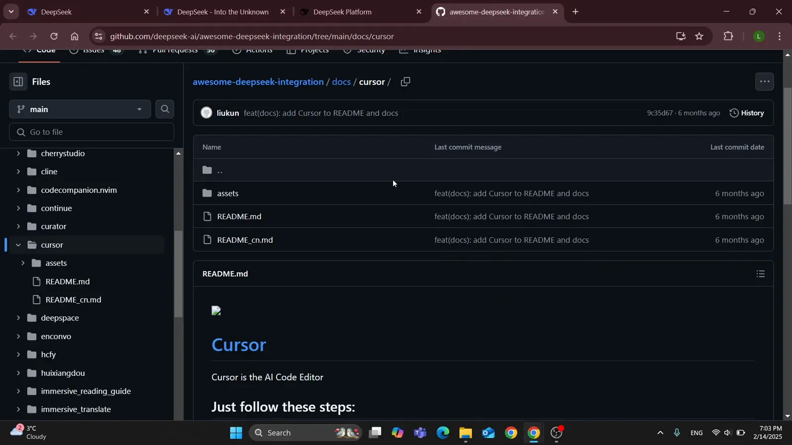 GitHub repository awesome-deepseek-integration open at the docs/cursor folder showing README.md with the Cursor is the AI Code Editor heading