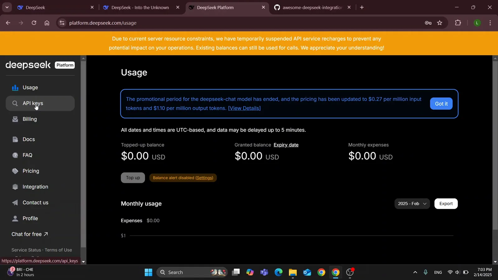 DeepSeek platform Usage page showing topped-up, granted and monthly balances at $0.00 with a notice that deepseek-chat pricing updated to $0.27 per million input and $1.10 per million output tokens