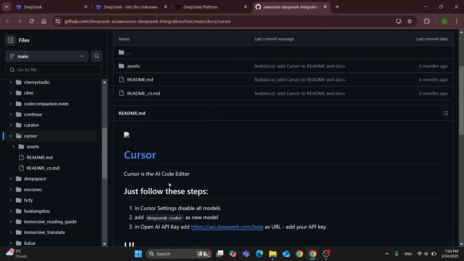 DeepSeek README listing three numbered setup steps: disable all models in Cursor Settings, add deepseek-coder as a new model, and set https://api.deepseek.com/beta as the OpenAI API Key URL
