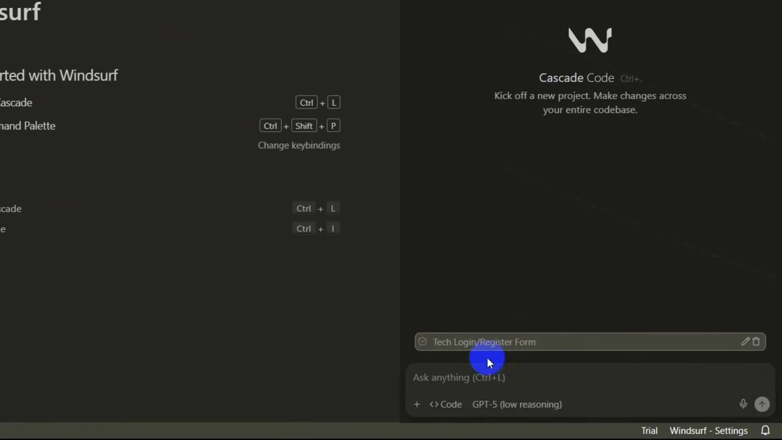 Windsurf Cascade panel opened with Ctrl+L showing the Cascade Code intro, an Ask anything input, the Code mode toggle and the model picker on a fresh project Windsurf Cascade panel opened with Ctrl+L showing the Cascade Code intro, an Ask anything input, the Code mode toggle and the model picker on a fresh project