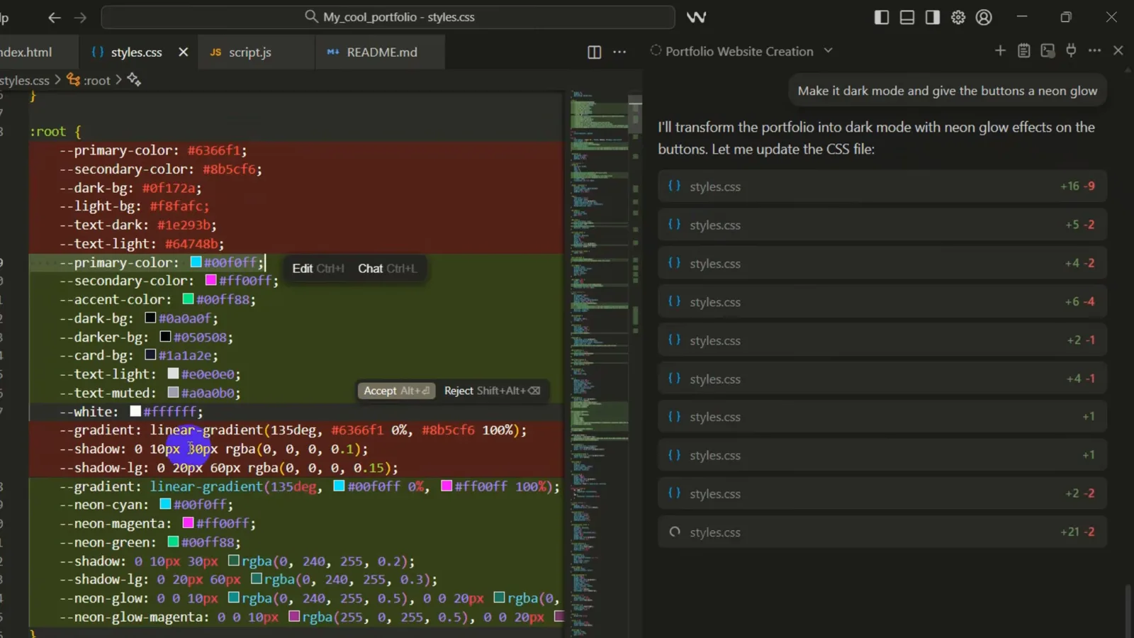 Windsurf Cascade diff of styles.css showing red deleted light-theme variables and green added neon cyan and magenta tokens with Accept and Reject buttons over eleven change entries Windsurf Cascade diff of styles.css showing red deleted light-theme variables and green added neon cyan and magenta tokens with Accept and Reject buttons over eleven change entries