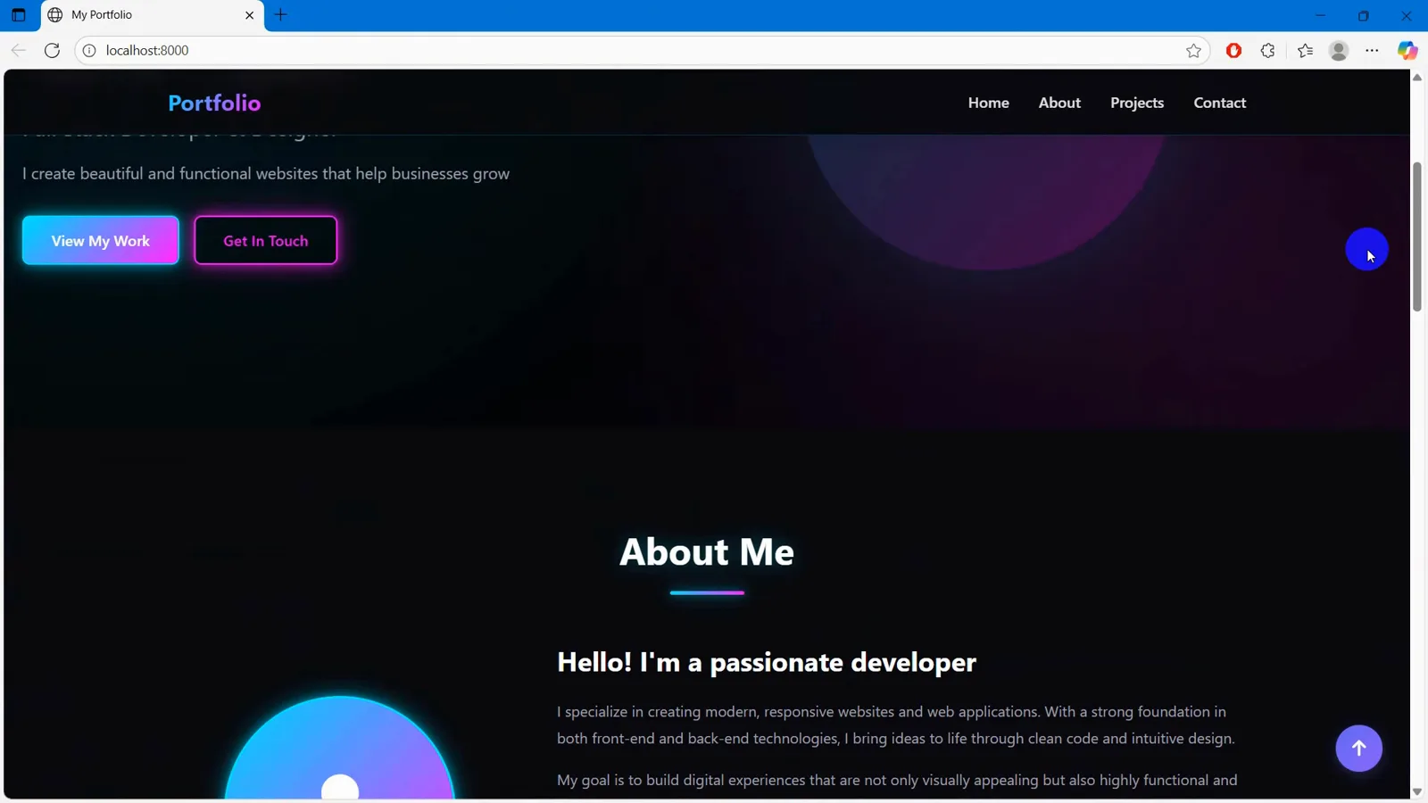 Dark portfolio refreshed in the browser after Windsurf AI edits with a glowing gradient View My Work button, a neon outlined Get In Touch button and an About Me section under the Portfolio navbar Dark portfolio refreshed in the browser after Windsurf AI edits with a glowing gradient View My Work button, a neon outlined Get In Touch button and an About Me section under the Portfolio navbar