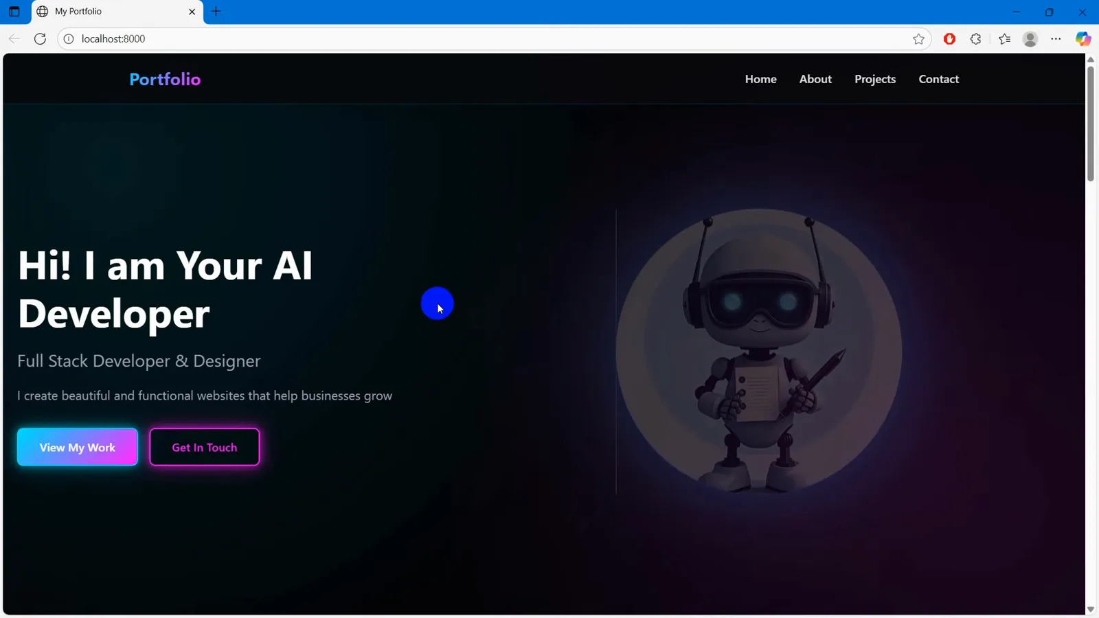 Finished portfolio built with Windsurf AI showing the clean headline Hi! I am Your AI Developer, an uploaded robot avatar in the glowing circle and neon View My Work and Get In Touch buttons Finished portfolio built with Windsurf AI showing the clean headline Hi! I am Your AI Developer, an uploaded robot avatar in the glowing circle and neon View My Work and Get In Touch buttons