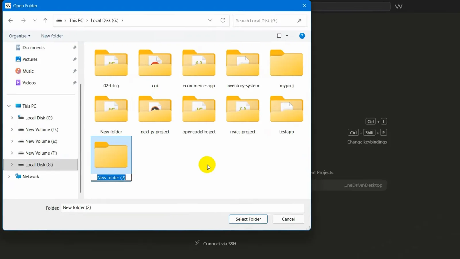 Windsurf Editor Open Folder dialog on Windows showing a new project folder being renamed on Local Disk G before the Select Folder button confirms the workspace Windsurf Editor Open Folder dialog on Windows showing a new project folder being renamed on Local Disk G before the Select Folder button confirms the workspace