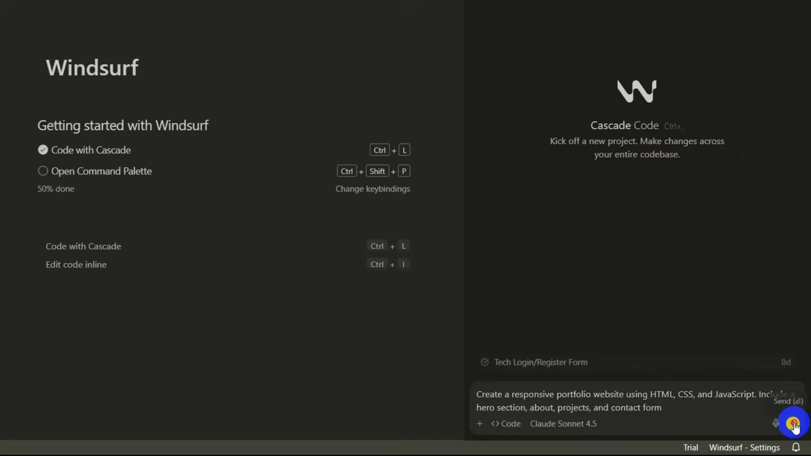 Windsurf Cascade input filled with the prompt Create a responsive portfolio website using HTML, CSS, and JavaScript beside the Claude Sonnet 4.5 model label and the Send button being clicked Windsurf Cascade input filled with the prompt Create a responsive portfolio website using HTML, CSS, and JavaScript beside the Claude Sonnet 4.5 model label and the Send button being clicked